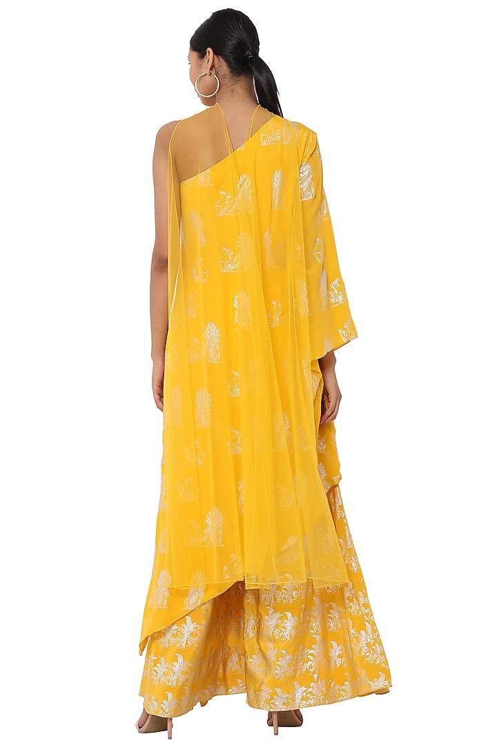 Yellow printed one shoulder asymmetrical tunic with palazzo pants set available only at Pernia's Pop Up Shop.