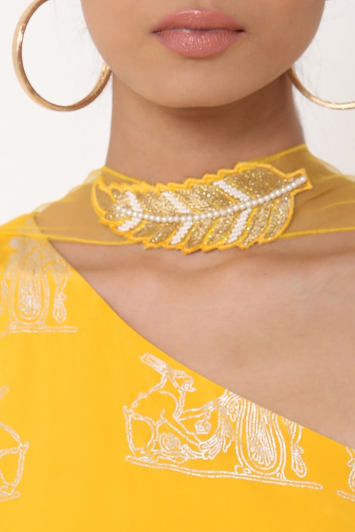 Yellow printed one shoulder asymmetrical tunic with palazzo pants set available only at Pernia's Pop Up Shop.
