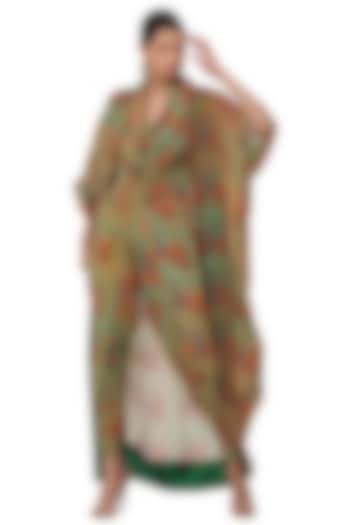 Dark Beige & MInt Green Printed Cowl Top With Dhoti Pants & Cape by Masaba
