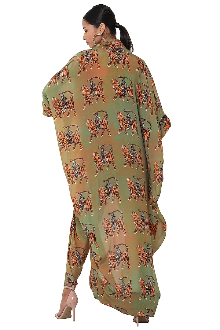 Dark Beige & MInt Green Printed Cowl Top With Dhoti Pants & Cape by Masaba at Pernia's Pop Up Shop