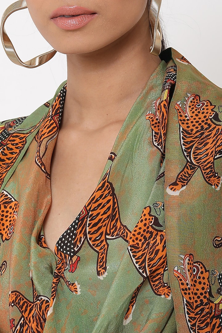 Dark Beige & MInt Green Printed Cowl Top With Dhoti Pants & Cape by Masaba at Pernia's Pop Up Shop