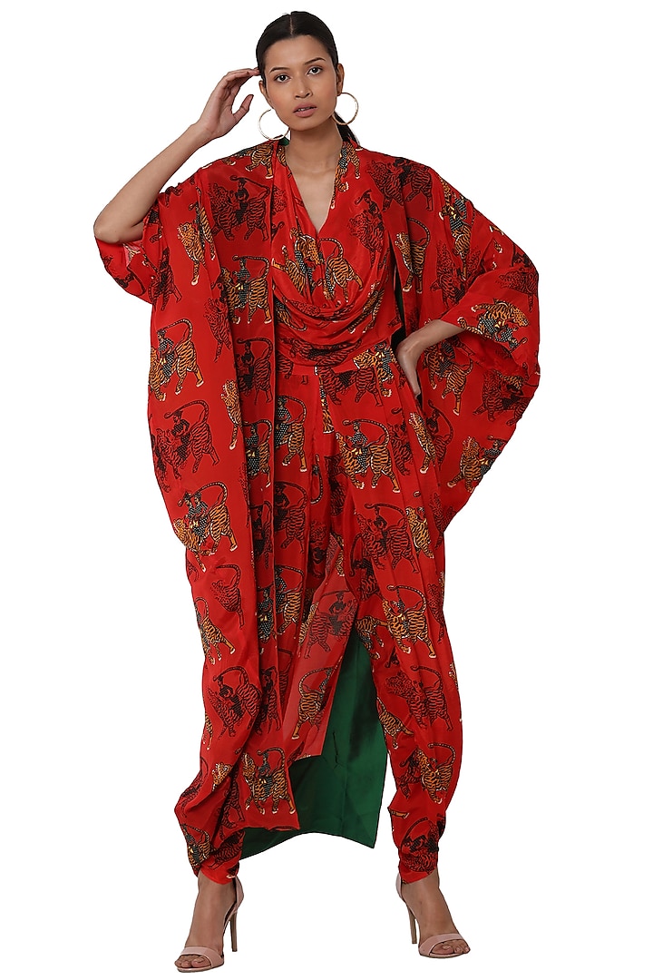 Red Printed Top With Dhoti Pants & Cape by Masaba