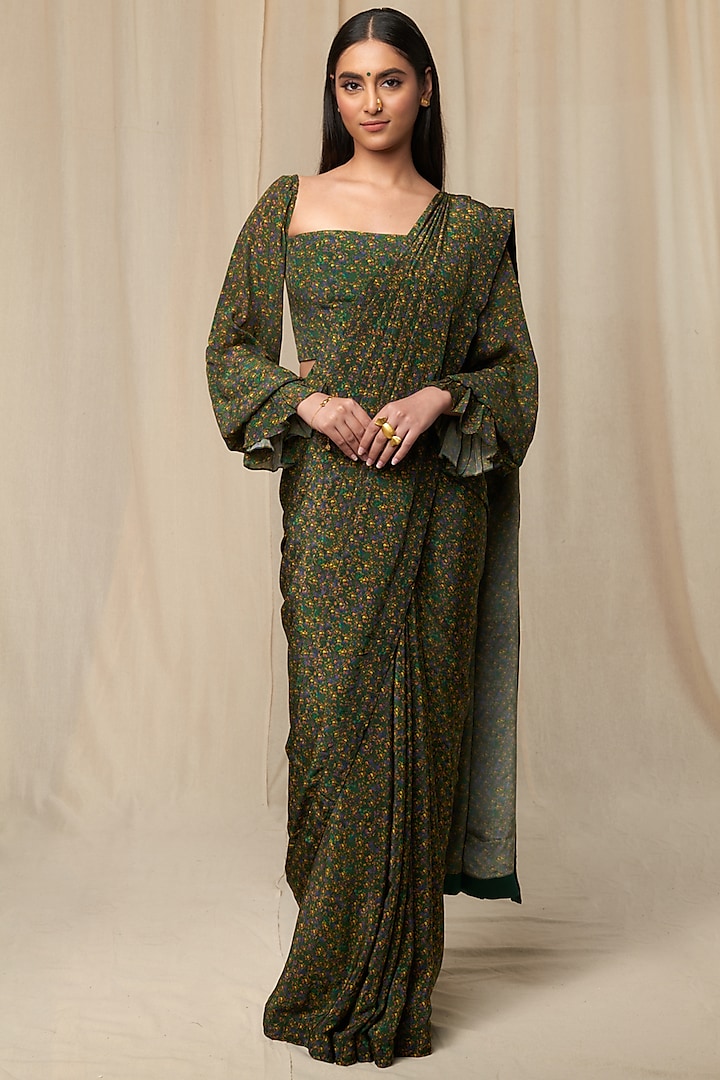 Emerald Floral Rush Sari & Blouse Piece by Masaba