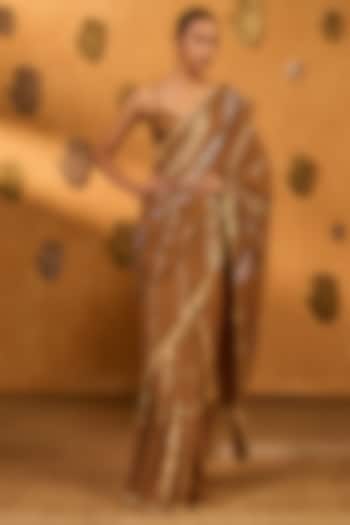 Mocha Brown Ombre Raw Silk Foil Printed Wedding Saree Set by Masaba at Pernia's Pop Up Shop