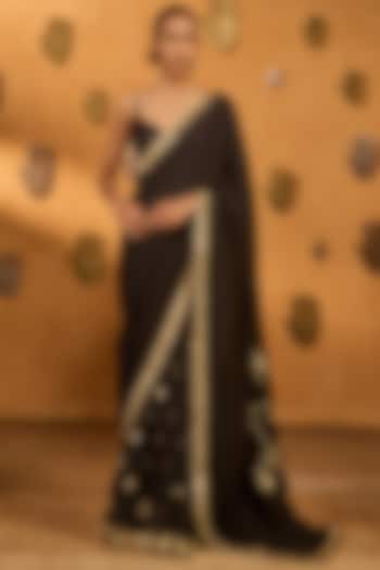 Black Raw Silk Foil Printed Wedding Saree Set by Masaba at Pernia's Pop Up Shop