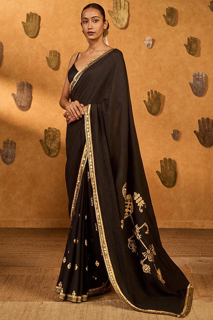 Black Raw Silk Foil Printed Wedding Saree Set by Masaba at Pernia's Pop Up Shop