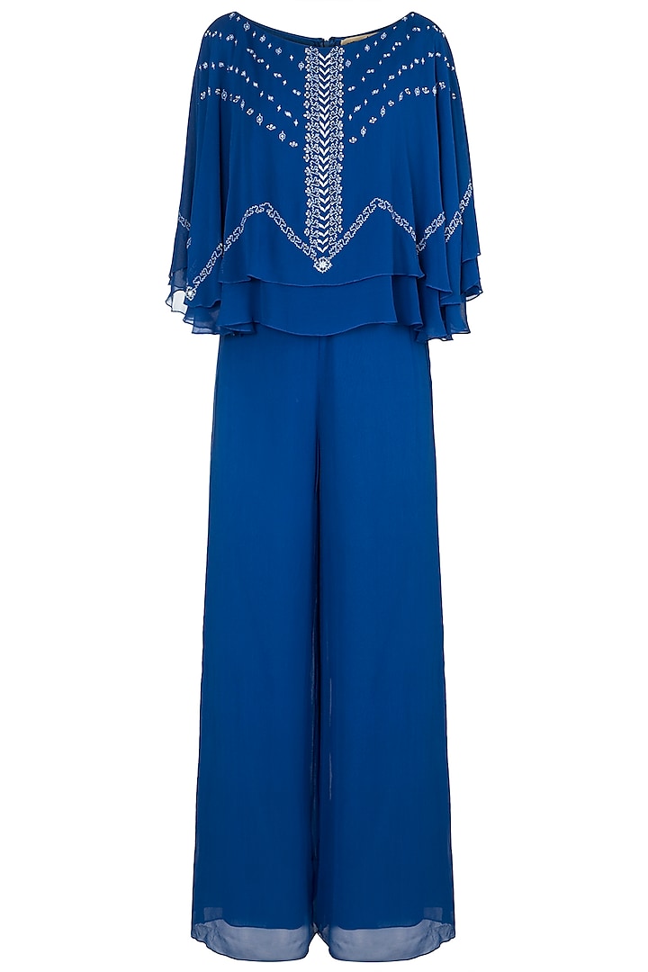 Royal Blue Embroidered Cape Jumpsuit by Mandira Wirk