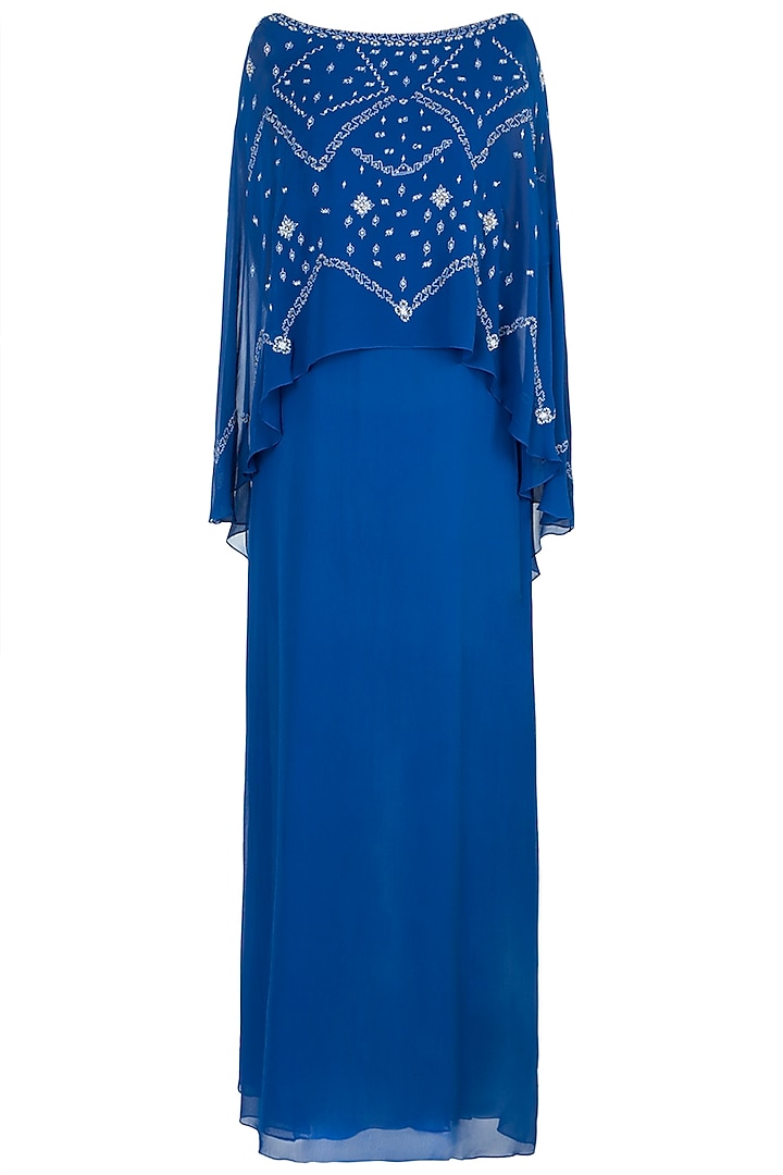Royal Blue Embroidered Cape Dress by Mandira Wirk