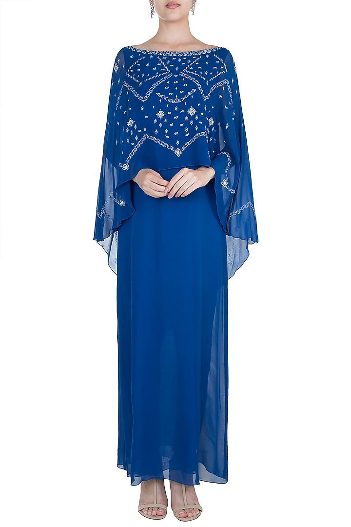 Royal Blue Embroidered Cape Vacation Dress by Mandira Wirk - Indian at Pernia's Pop Up Shop