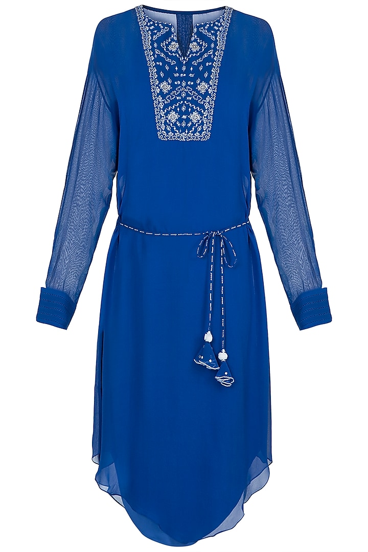 Royal Blue Embroidered Tunic With Belt by Mandira Wirk