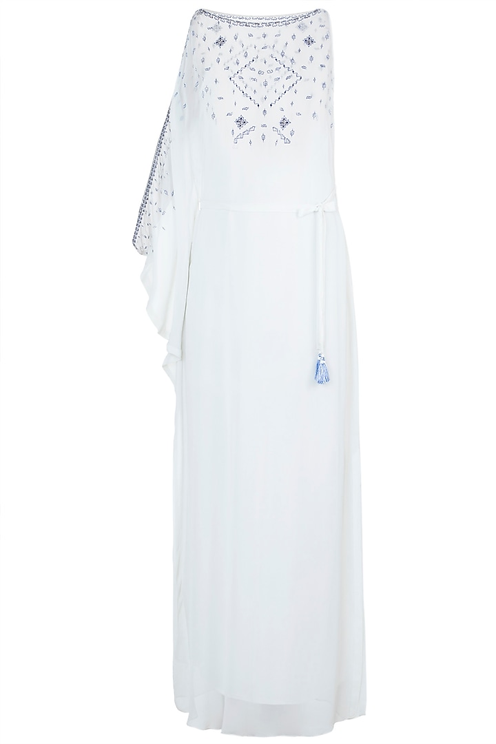 Ivory Embroidered One Sleeve Kaftan With Belt by Mandira Wirk