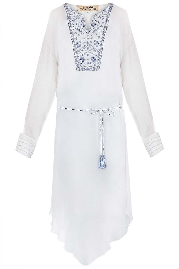 Ivory & Royal Blue Embroidered Tunic With Belt by Mandira Wirk