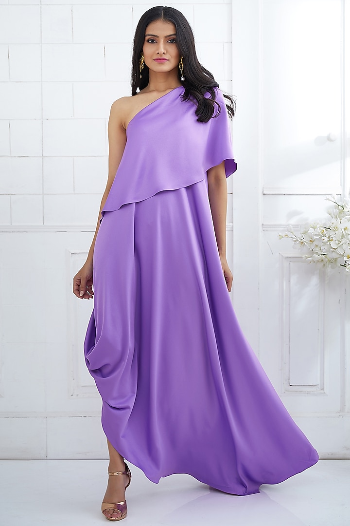 Lilac One Shoulder Cape Dress by Mandira Wirk