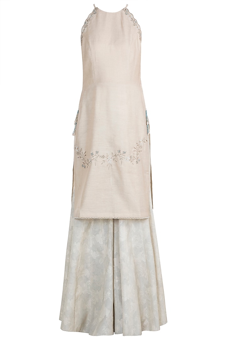 Gold Embroidered Printed Halter Kurta Set by Mandira Wirk - Indian at Pernia's Pop Up Shop