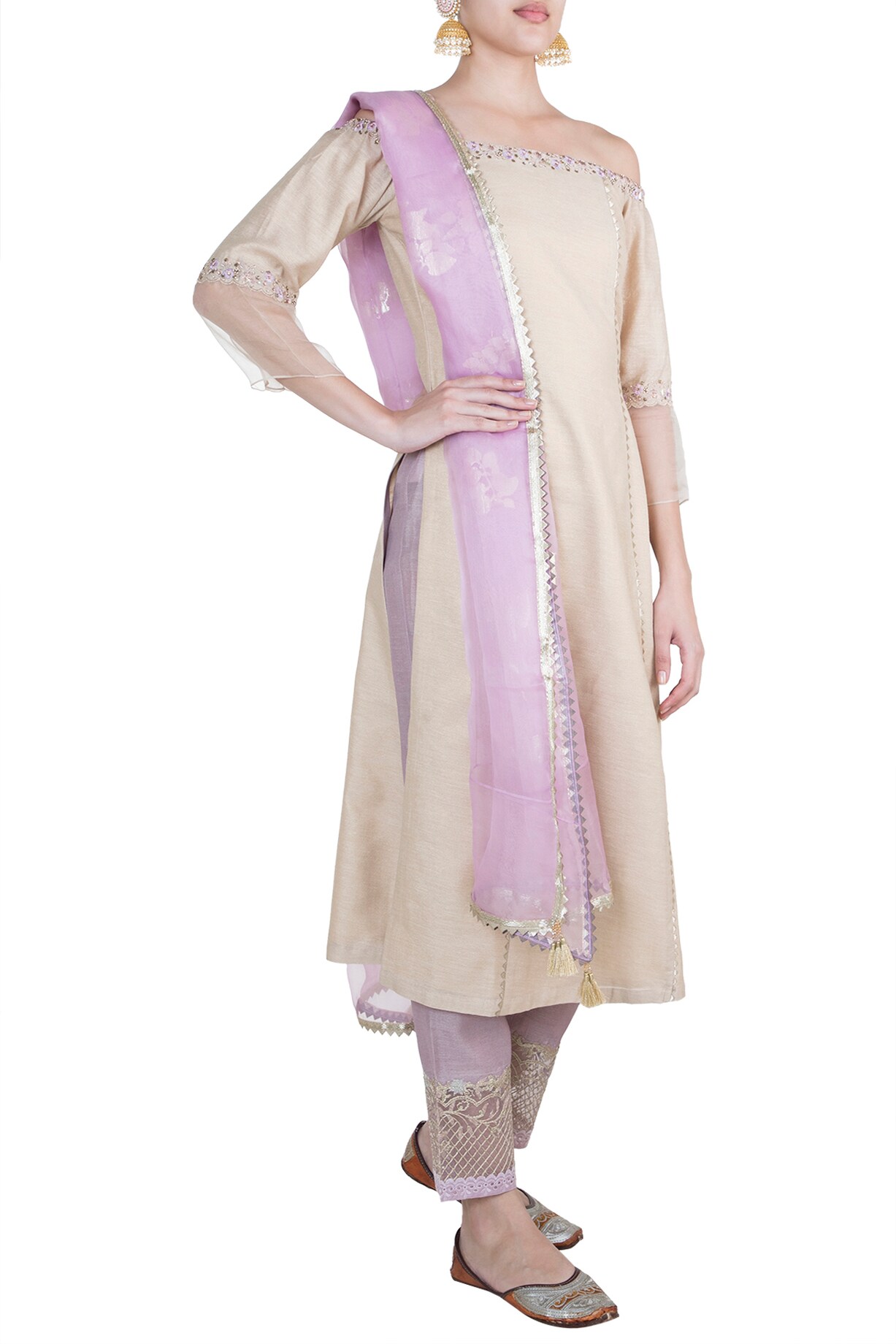 Violet silk kurta set with regal gold embroidery