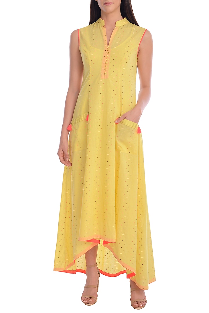 Yellow Hand Embroidered Kurta Dress With Slip by Mandira Wirk