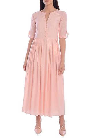 Light Peach Hand Embroidered Dress by Mandira Wirk - Indian