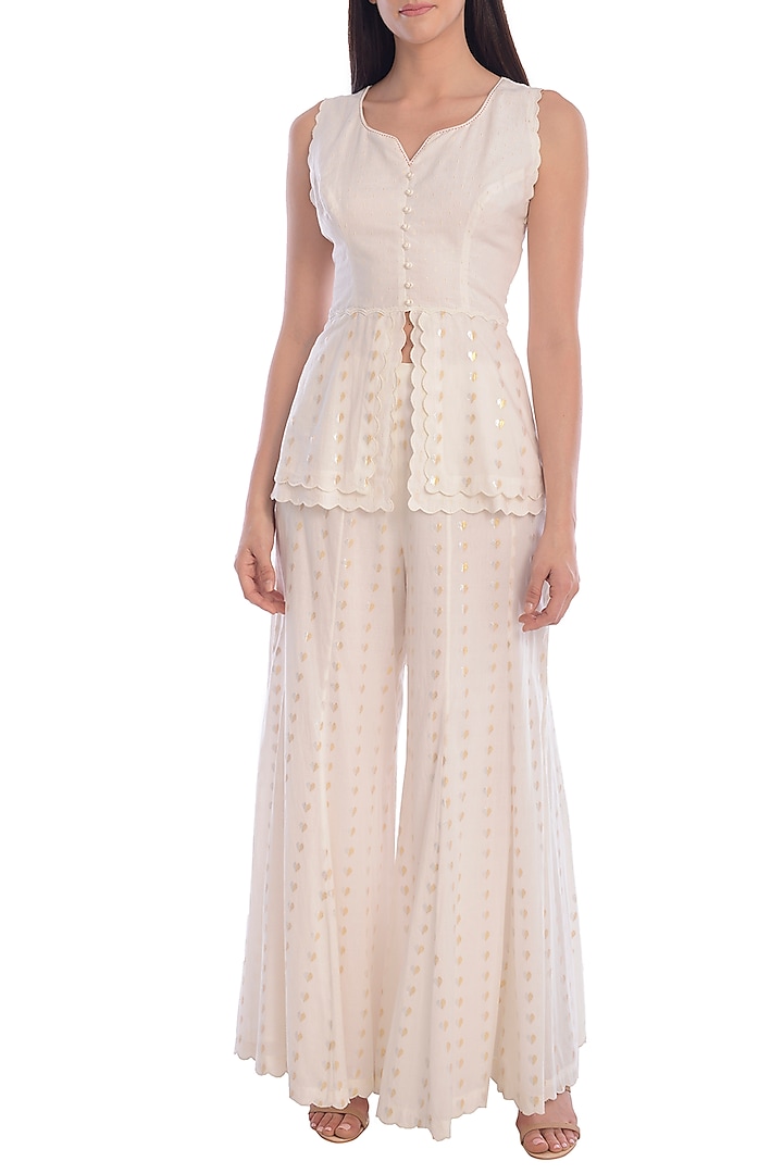 Ivory Embroidered Scalloped Top With Panelled Pants by Mandira Wirk