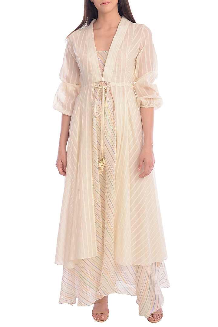 Ivory Overlay Kurta Dress With Asymmetrical Slip by Mandira Wirk