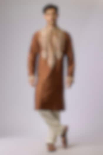 Mocha Brown Silk Viscose Applique Embroidered Kurta Set by Mard  by Abu Sandeep