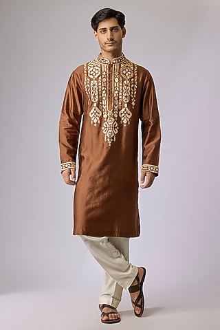 Mocha Brown Silk Viscose Applique Embroidered Kurta Set by Mard  by Abu Sandeep