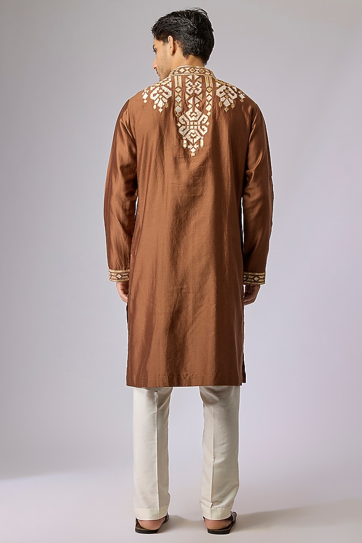 Mocha Brown Silk Viscose Applique Embroidered Kurta Set by Mard  by Abu Sandeep at Pernia's Pop Up Shop