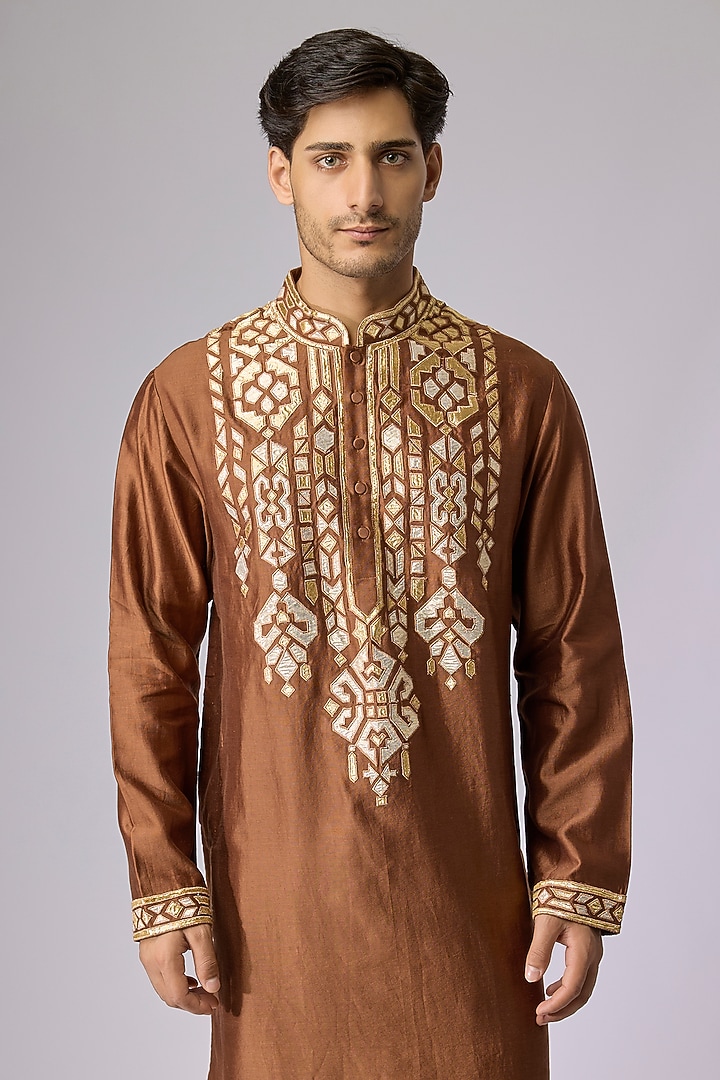 Mocha Brown Silk Viscose Applique Embroidered Kurta Set by Mard  by Abu Sandeep at Pernia's Pop Up Shop