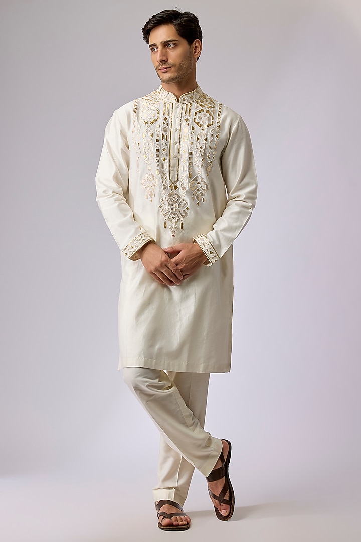 Ivory Silk Viscose Applique Embroidered Kurta Set by Mard  by Abu Sandeep