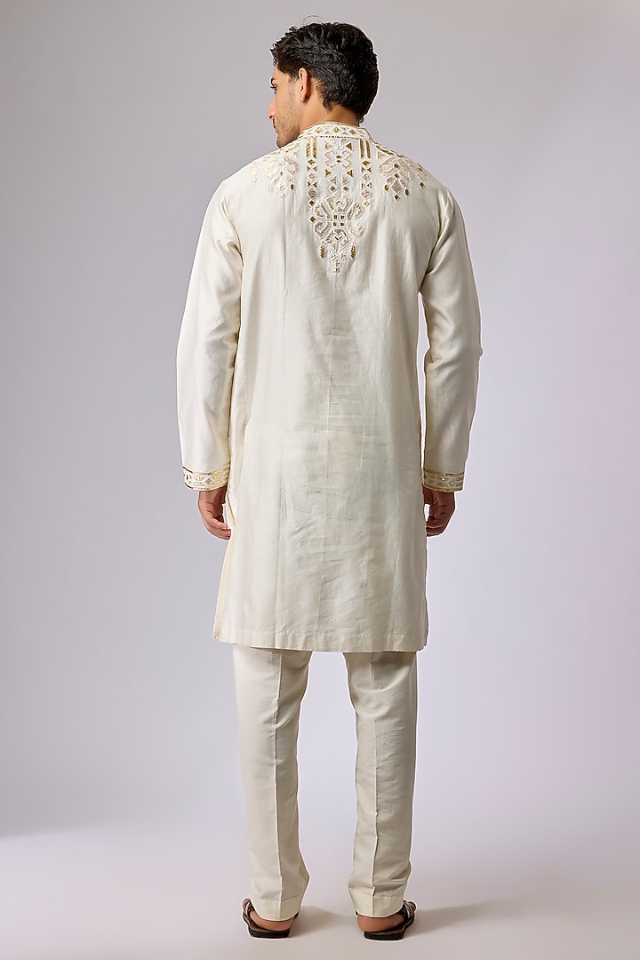 Ivory Silk Viscose Applique Embroidered Kurta Set by Mard by Abu Sandeep at Pernia's Pop Up Shop
