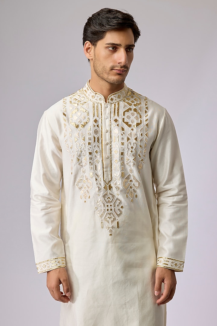 Ivory Silk Viscose Applique Embroidered Kurta Set by Mard by Abu Sandeep at Pernia's Pop Up Shop