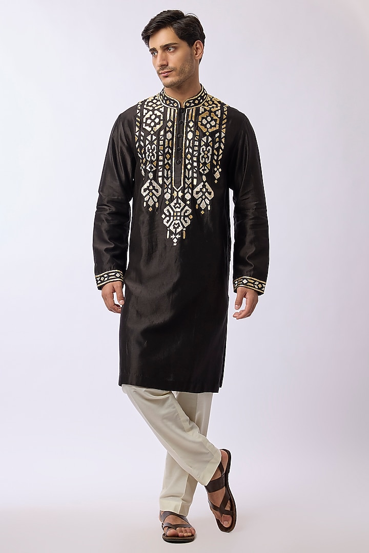 Black Silk Viscose Applique Embroidered Kurta Set by Mard  by Abu Sandeep