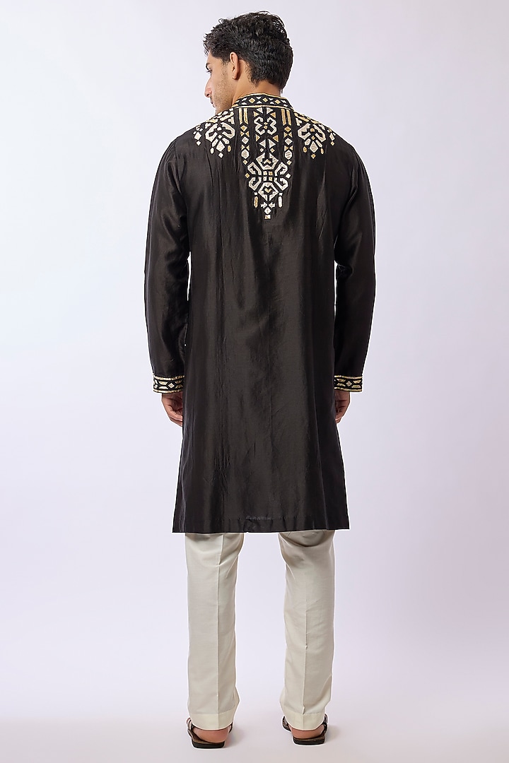 Black Silk Viscose Applique Embroidered Kurta Set by Mard by Abu Sandeep at Pernia's Pop Up Shop