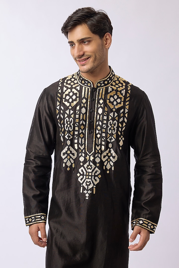 Black Silk Viscose Applique Embroidered Kurta Set by Mard by Abu Sandeep at Pernia's Pop Up Shop