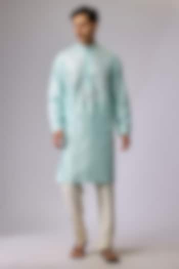 Aqua Blue Silk Viscose Mirror Embroidered Kurta Set by Mard  by Abu Sandeep