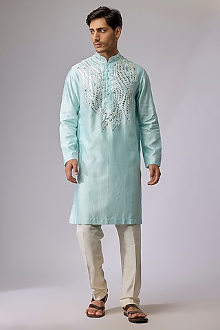 Aqua Blue Silk Viscose Mirror Embroidered Kurta Set by Mard  by Abu Sandeep
