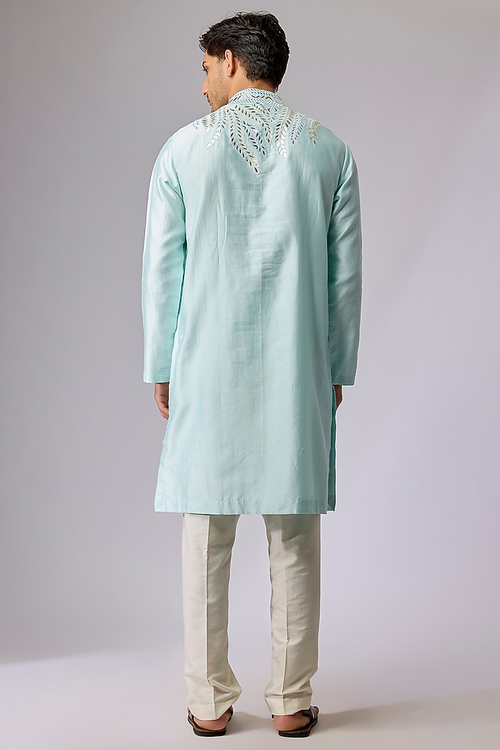 Aqua Blue Silk Viscose Mirror Embroidered Kurta Set by Mard  by Abu Sandeep at Pernia's Pop Up Shop