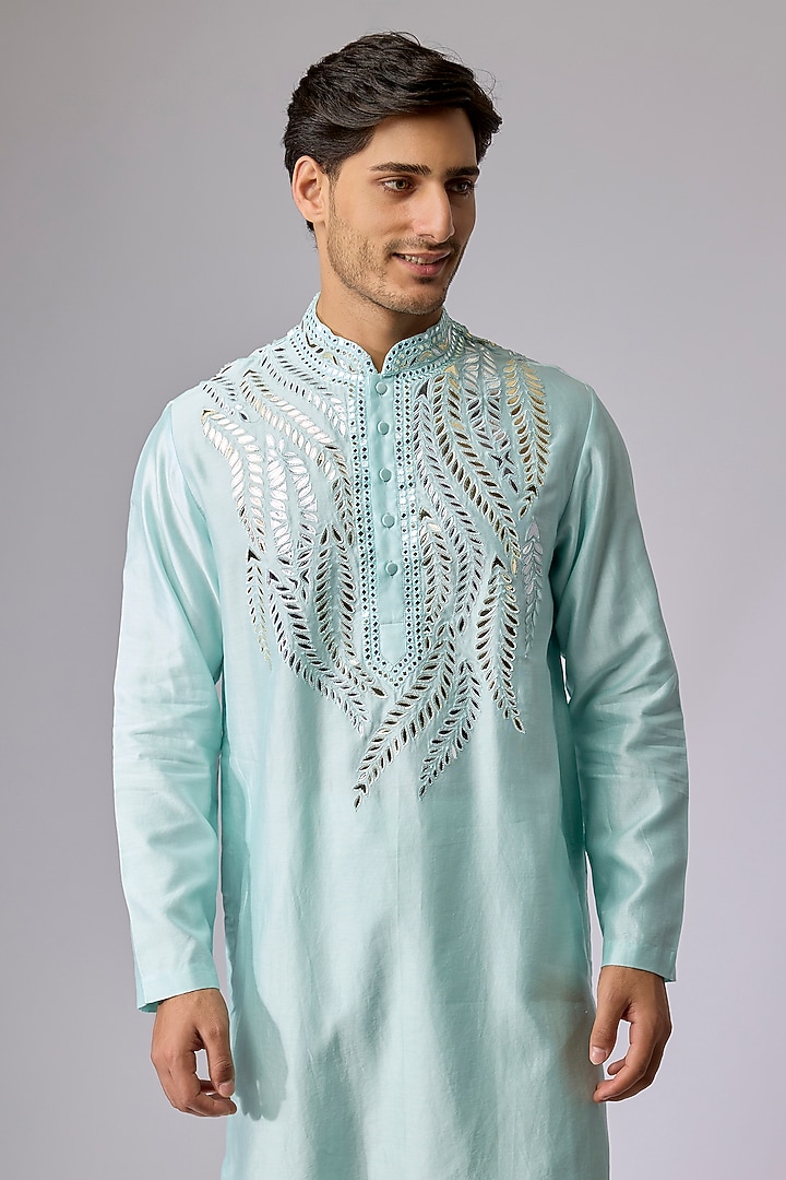 Aqua Blue Silk Viscose Mirror Embroidered Kurta Set by Mard  by Abu Sandeep at Pernia's Pop Up Shop