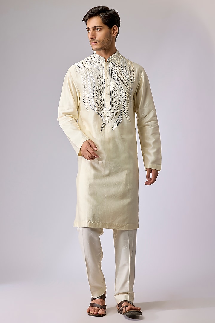 Off-White Silk Viscose Mirror Embroidered Kurta Set by Mard  by Abu Sandeep