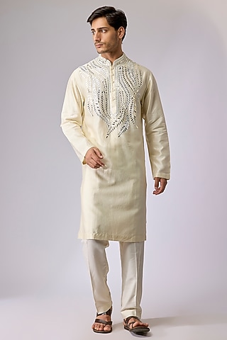 Off-White Silk Viscose Mirror Embroidered Kurta Set by Mard  by Abu Sandeep