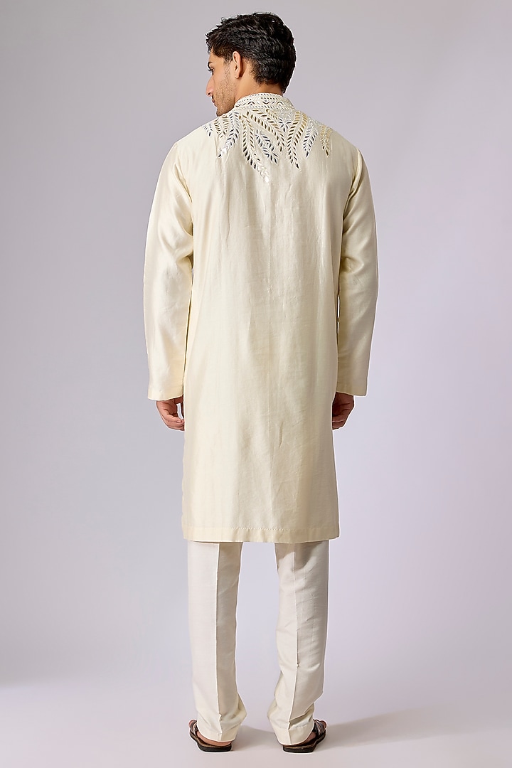 Off-White Silk Viscose Mirror Embroidered Kurta Set by Mard by Abu Sandeep at Pernia's Pop Up Shop