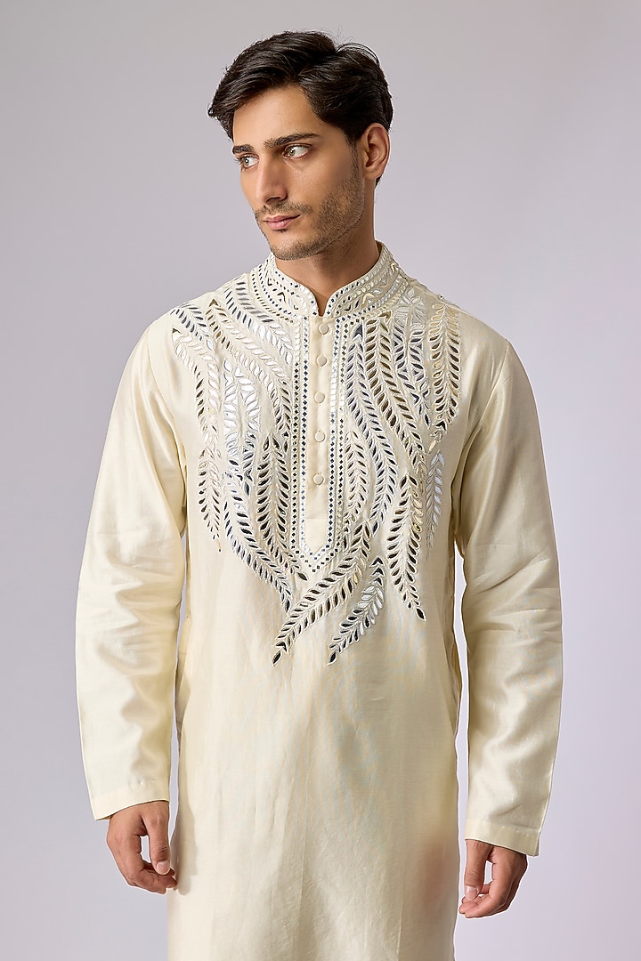 Off-White Silk Viscose Mirror Embroidered Kurta Set by Mard by Abu Sandeep at Pernia's Pop Up Shop