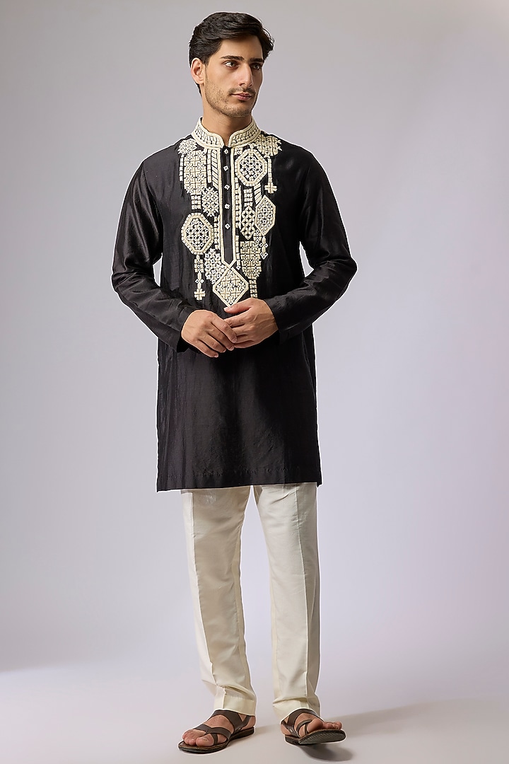 Black Silk Viscose Kurta Set by Mard  by Abu Sandeep