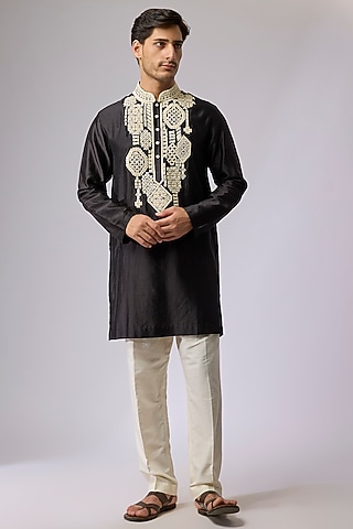 Black Silk Viscose Kurta Set by Mard  by Abu Sandeep
