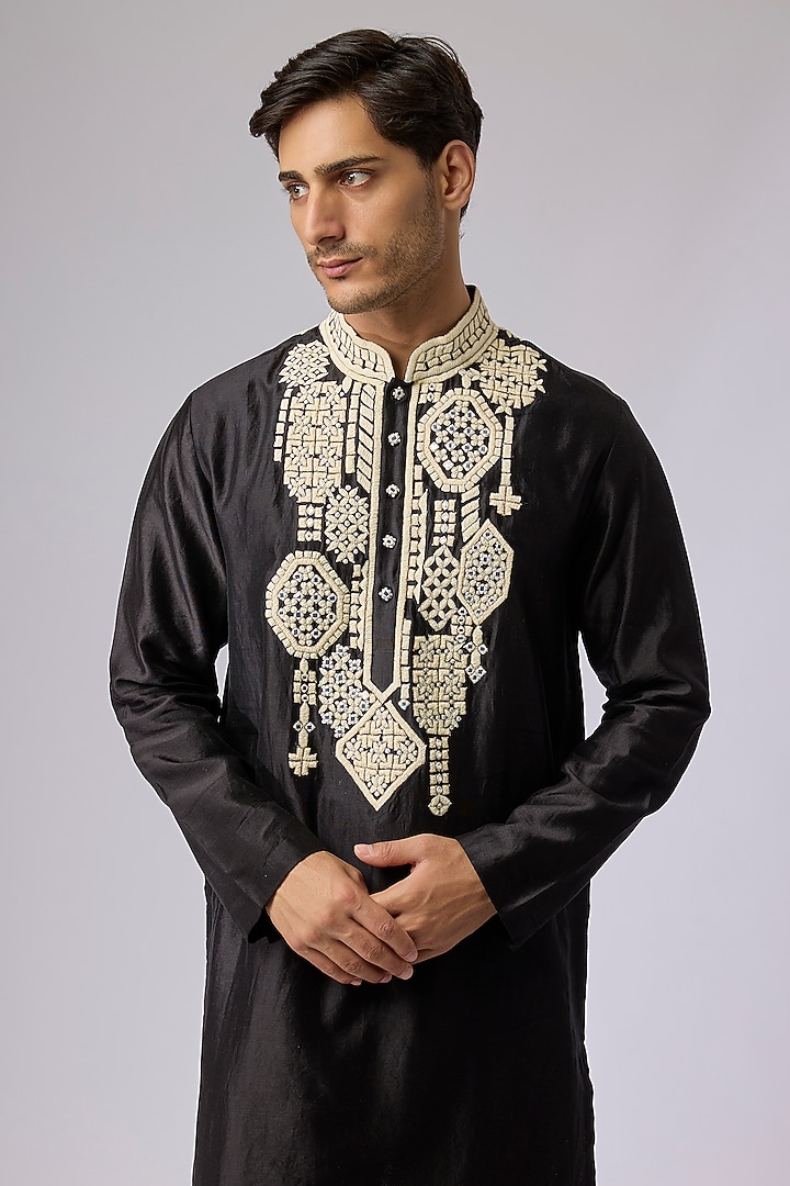 Black Silk Viscose Kurta Set by Mard by Abu Sandeep at Pernia's Pop Up Shop