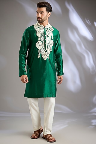 Green Silk Kurta Set by Mard  by Abu Sandeep