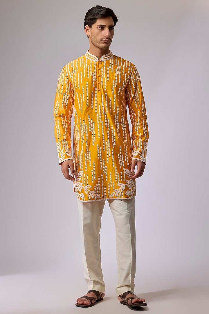 Yellow Silk Viscose Kurta Set by Mard  by Abu Sandeep