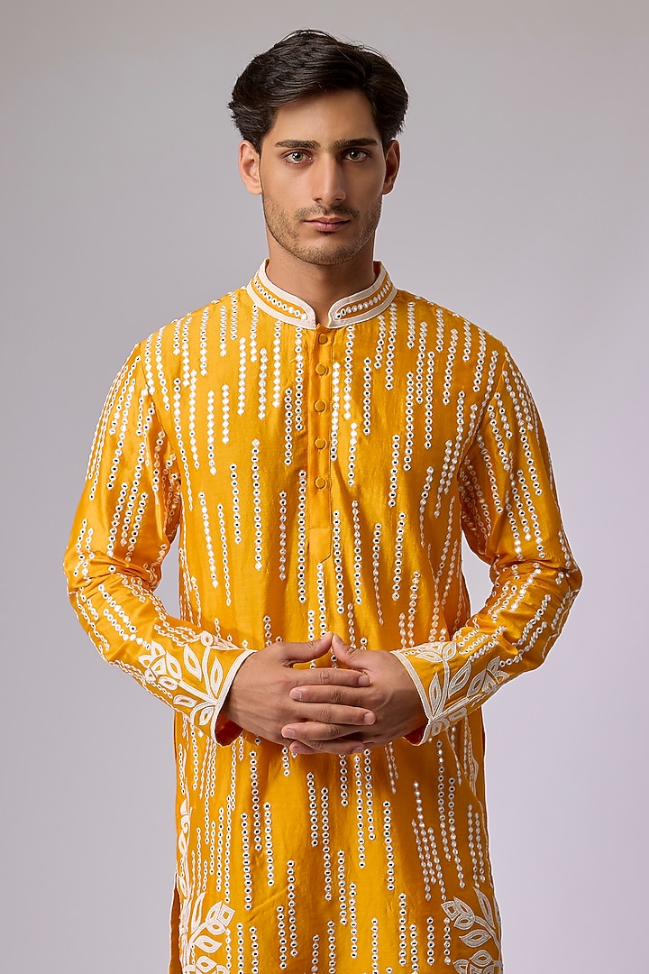 Yellow Silk Viscose Kurta Set by Mard by Abu Sandeep at Pernia's Pop Up Shop