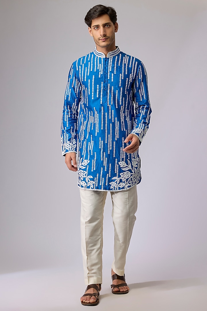Blue Silk Viscose Kurta Set by Mard  by Abu Sandeep