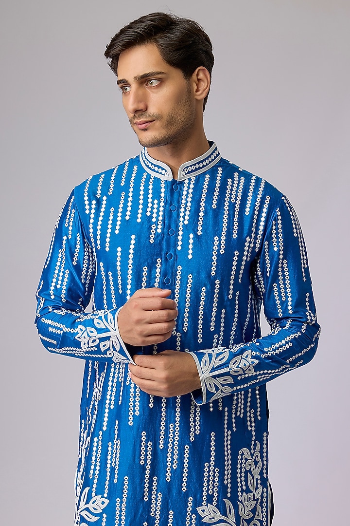 Blue Silk Viscose Kurta Set by Mard by Abu Sandeep at Pernia's Pop Up Shop