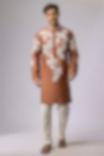 Mocha Brown Silk Viscose Floral Embroidered Kurta Set by Mard  by Abu Sandeep